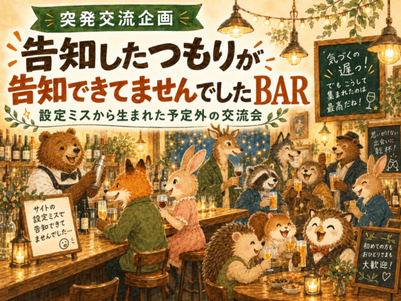 【店主のミスによる突発企画✨事前予約先着6名様割引あります✨】【2026年9月26日18時～21時(ご来店時刻自由)】『悲報★告知したつもりが告知できてませんでしたBAR 』～設定ミスから生まれた突発交流企画～